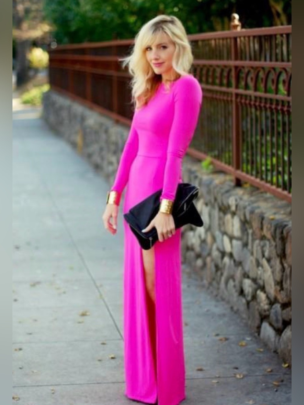 Topshop Hot Pink Long Sleeve Maxi Dress
